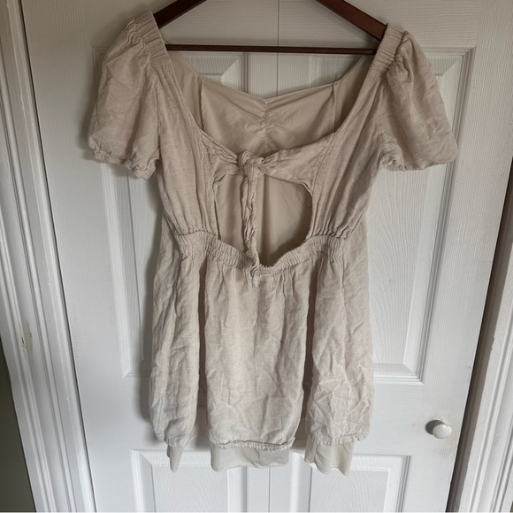 Japna Linen Blend Mini Dress Open Tie Back size Large Cottage Natural - Picture 4 of 7